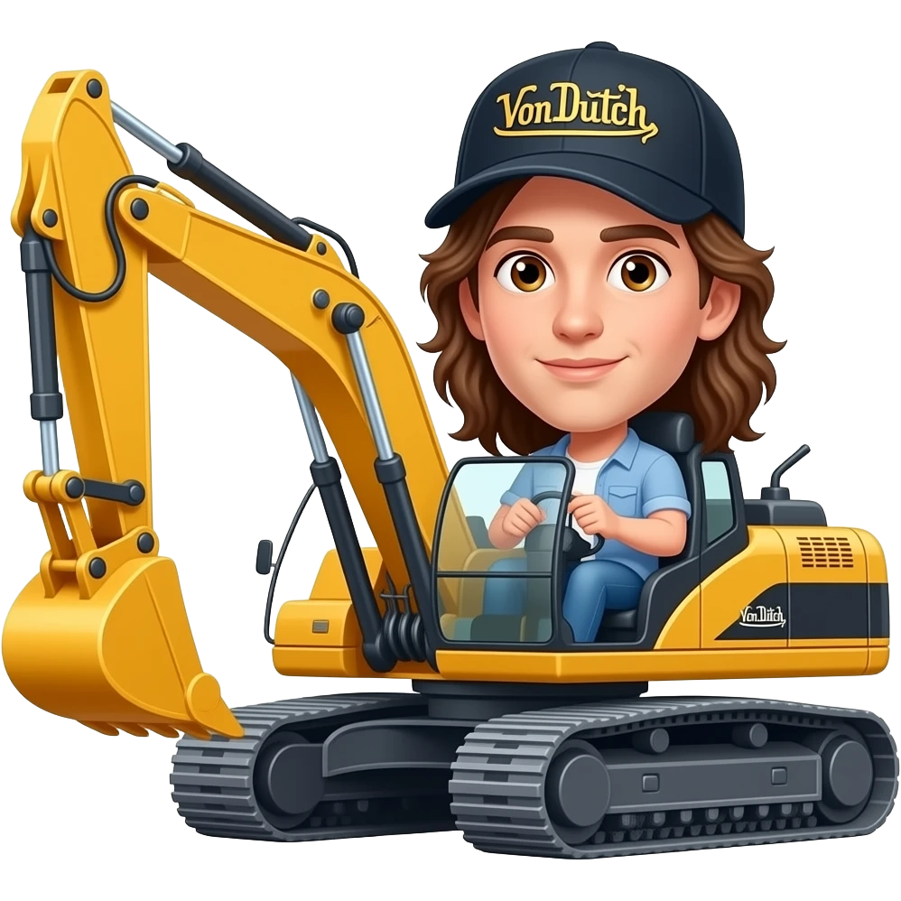 Jeune Homme aux cheveux long brun avec casquette von dutch qui conduit une Grosse pelleteuse emoji