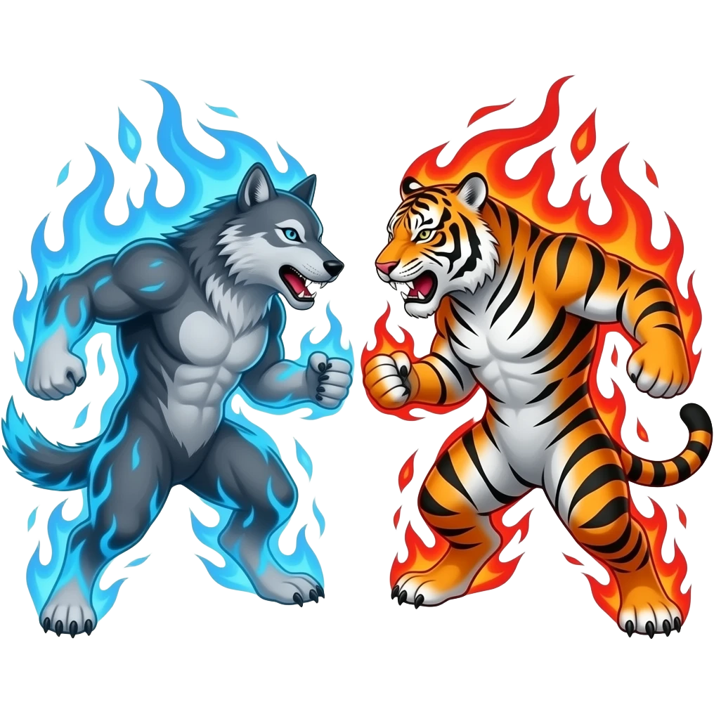 Wolf with blue flames fighting a tiger with red flames emoji