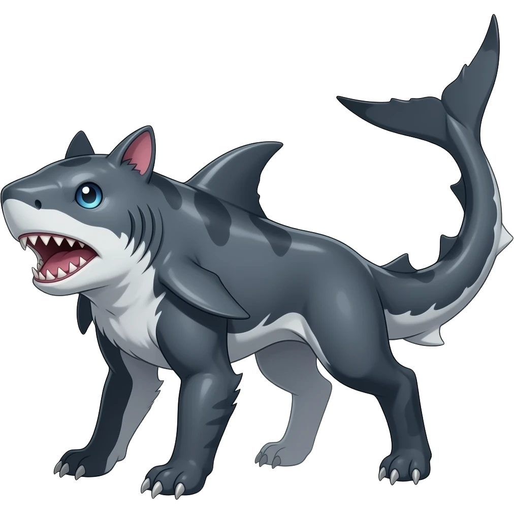 4-legged shimmering ruff rough digitigrade dark badass edgy carvanha-sharpedo-sergal-Manectric-Houndoom-Shark-Night-Fury-hybrid-fusion-creature, with a long shark tail behind, full body emoji
