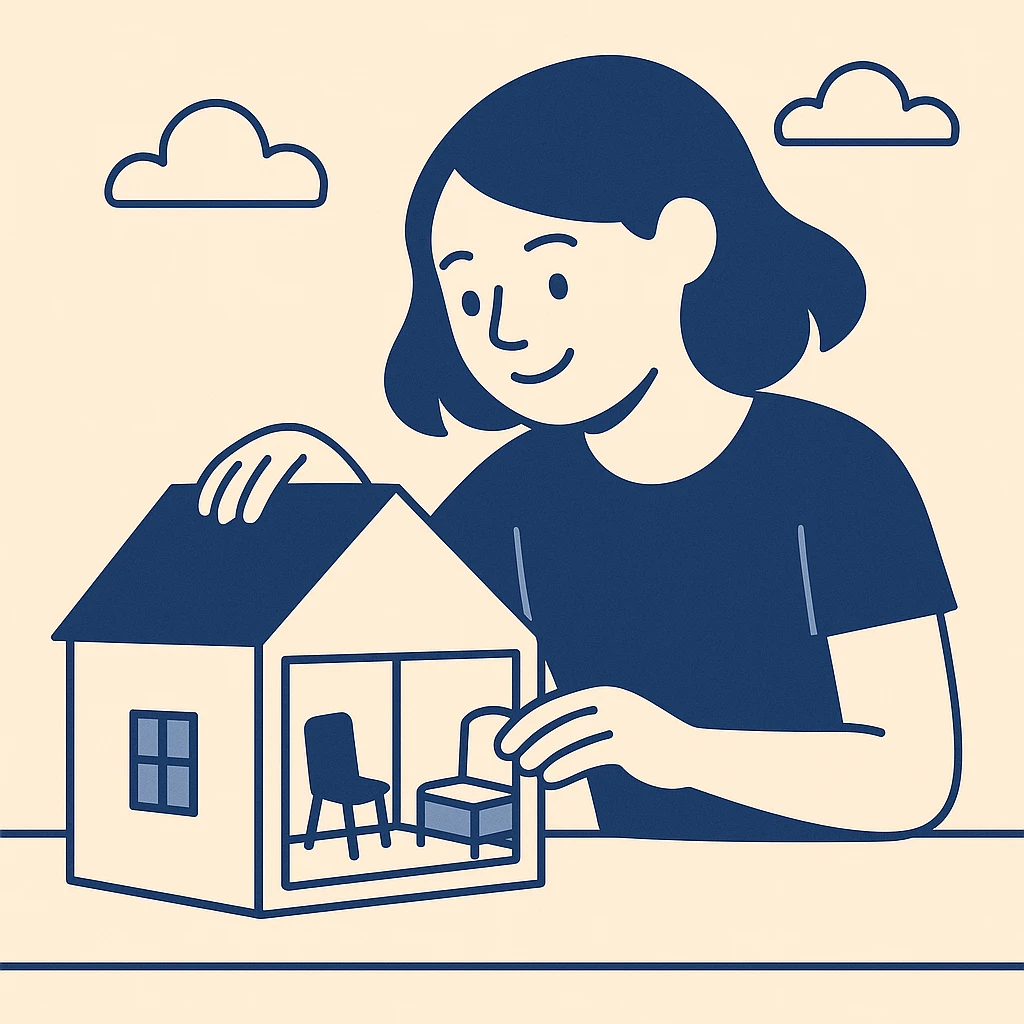 smiling girl arranging furniture in doll house emoji