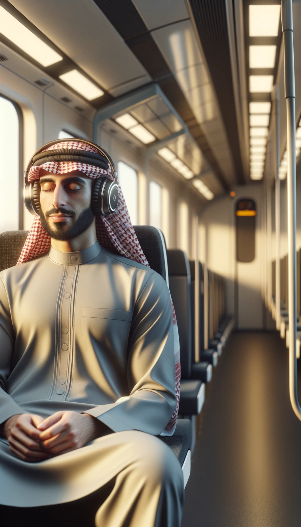 UOMO che ASCOLTA MUSICA CON LE CUFFIETTE NELLE ORECCHIE E GLI OCCHI CHIUSI SEDUTO SUL SEDILE DI UN TRENO, sullo sfondo L'INTERNO DELLA CABINA DI UN TRENO con toni chiari neutri, iperrealistico 4k emoji