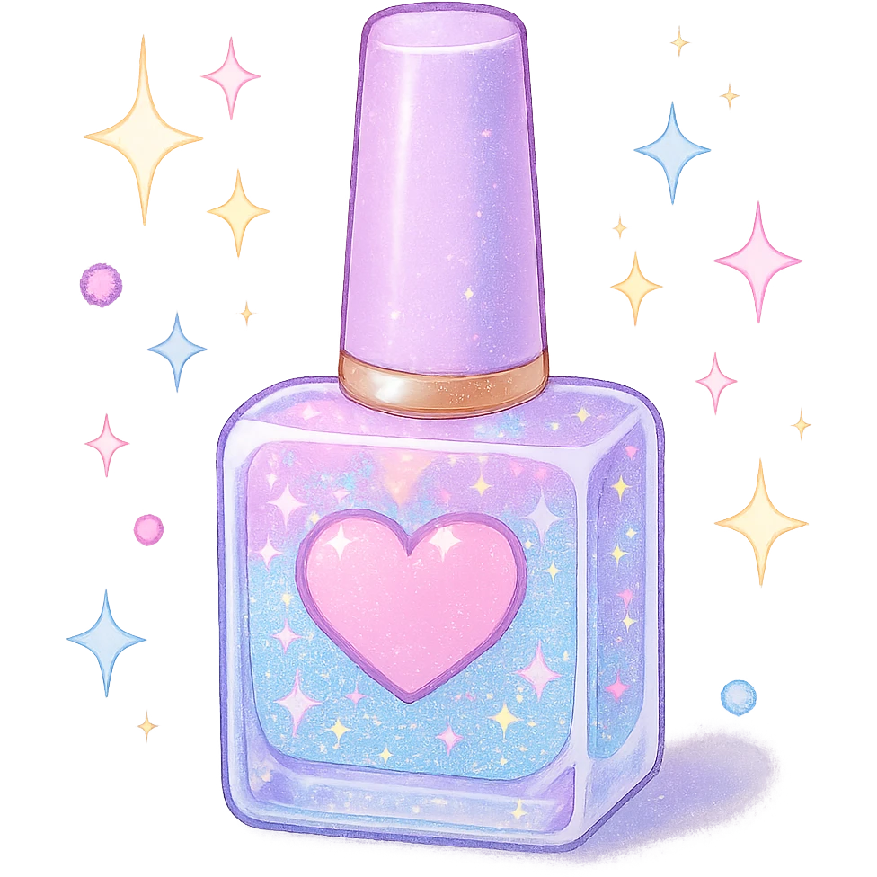girly sparkling nail polish bottle, pastel colors, cute emoji