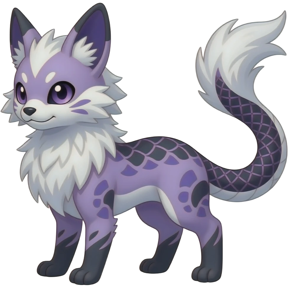 Paisley-patterned gingham-patterned feathery elegant realistic Furry, feathery fluffy tropical flecked painted feathery scaly, Purple, white, black, Minccino-Bambino-Lykoi-Linoone-Zangoose-fusion-hybrid-animal-Fakémon-creature, full body, thin long sleek scaly tail, intricate markings emoji