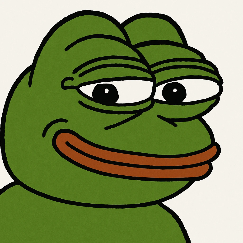 Pepe the Frog meme, green frog with a mischievous smile, cartoon style emoji
