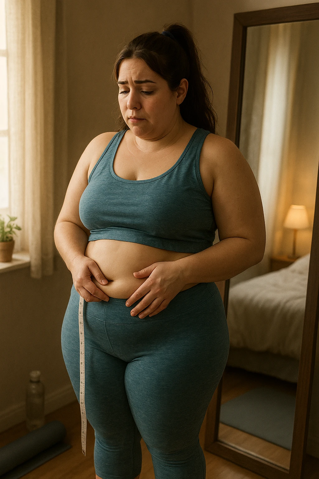 A realistic, cinematic illustration of a woman in her early 30s with a slightly rounded body shape, standing in front of a mirror in a softly lit bedroom, looking at her reflection with a thoughtful, slightly discouraged expression. She is wearing comfortable home workout clothes, holding a tape measure in one hand loosely, while her other hand gently touches her belly area, showing her frustration with slow weight loss progress. The room is cozy, with natural light filtering in, a yoga mat rolled up in the corner, a water bottle, and a small plant on the windowsill. The scene captures the emotional struggle and quiet determination of a woman facing difficulties in losing weight despite her efforts, with warmth and dignity. emoji