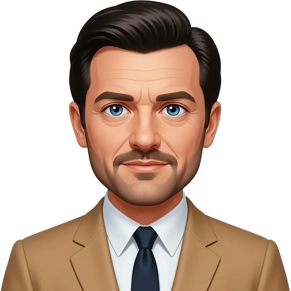 Oliver Reed with blue eyes, black 60s bang hair and short beard, tan hollywood suit emoji