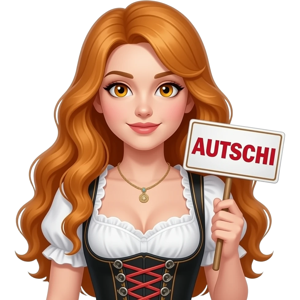 sexy girl with overlong ginger hair and ginger eyes wearing a dirndl holding AUTSCHI sign emoji