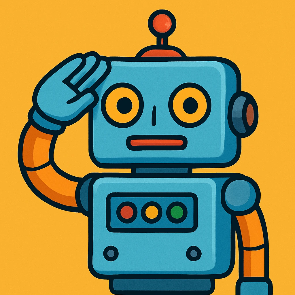 robot in the exact pose of the standard salute emoji, head and body resembling the classic robot emoji, vibrant cartoon style emoji