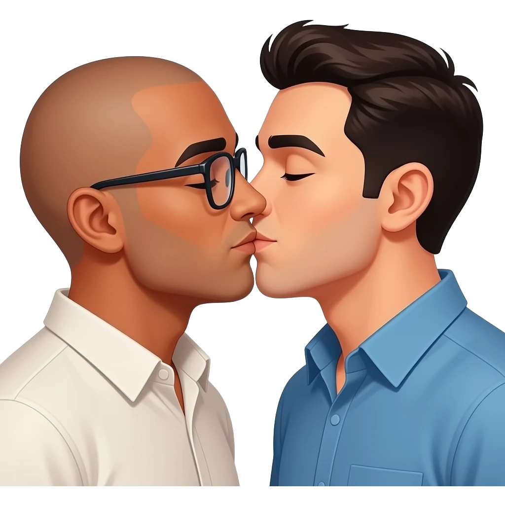One has glasses and is bald and Mexican skin color. Gay men kissing romantically emoji