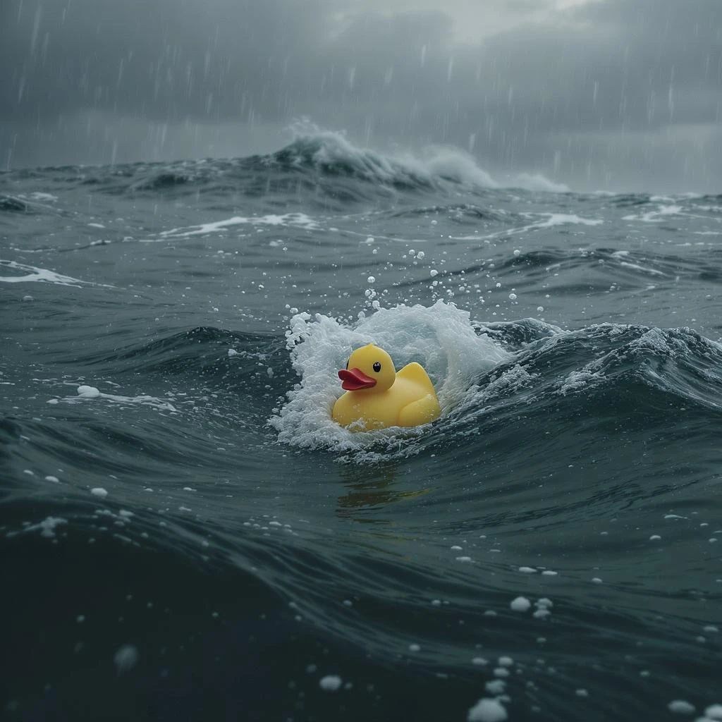 Extreme Closeup shot of Yellow duck toy on ocean during cloudy day, stormy sea, Camera from top, inspired by interstellar, shot by camera alexa 65, 35mm lens emoji