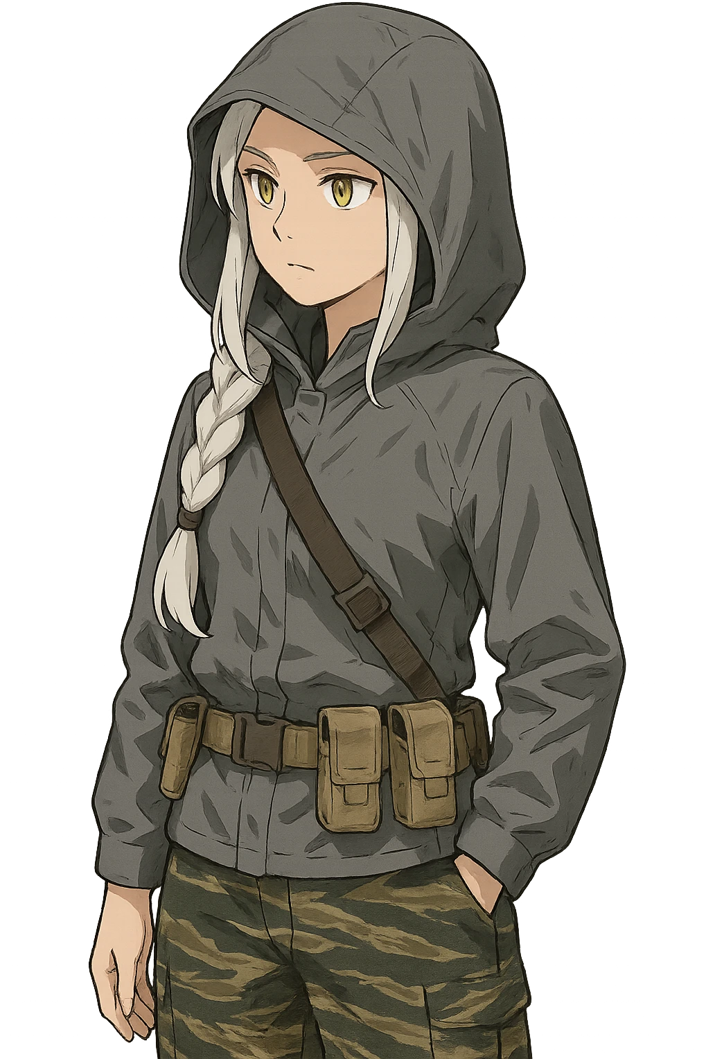 1 female, mid-20's  white hair long braid, gold yellow eyes, gray waterproof tactical shirt hoodie, hood up, single point sling, tan mag pouches on belt rig, tiger stripe camo pants,  emoji