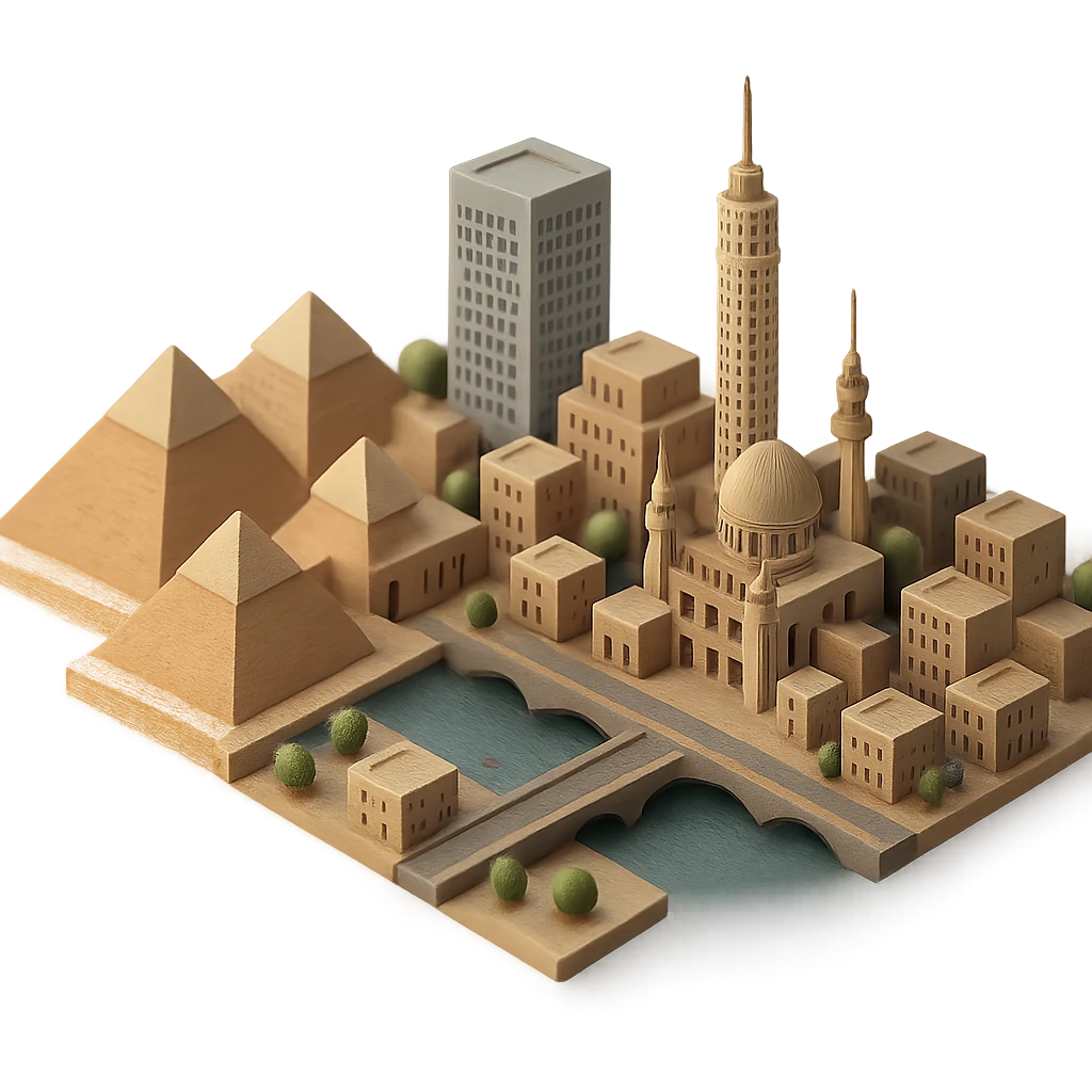 Isometric minimalistic illustration of Cairo, subtle 3D miniature effect and Tilt Shift effect, no cartoonish look, transparent background. emoji