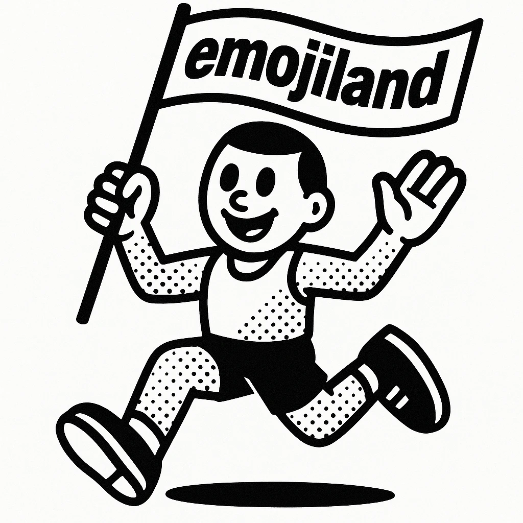 happy runner waving a flag that says 'emojiland' emoji