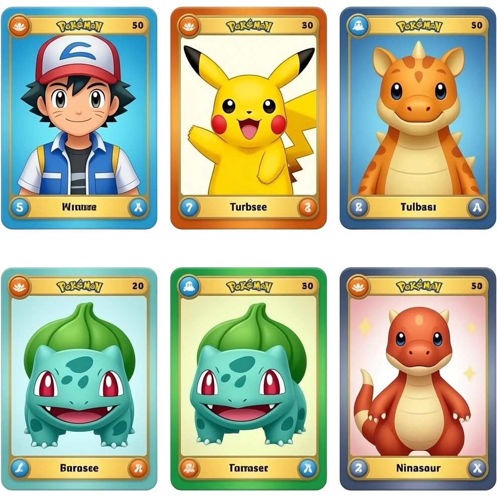 Pokémon cards: Ash Ketchum & Pikachu & Turbosaur & Bulbasaur & Ninasaur emoji