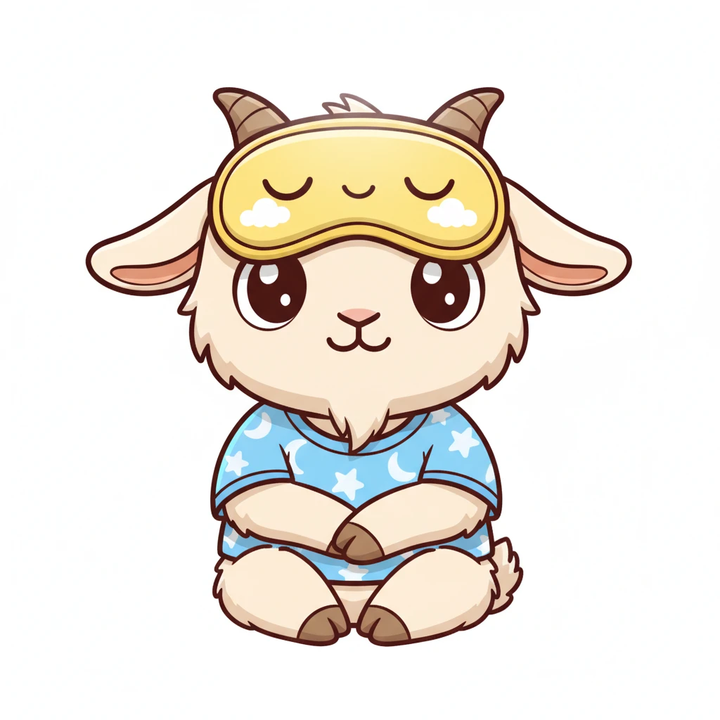a goat with yellow sleep mask and wearing shirt, front view,  Frontal Top-Down Soft Light, white background, portrait, casual cartoon stylized game mobile emoji