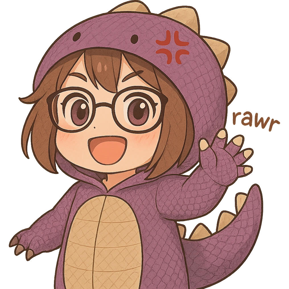 Chibi anime style girl with glasses, brown hair, dark purple eyes, wearing a purple dinosaur costume with detailed features including scales, textured belly, small claws, and a patterned tail, saying 'rawr' in a cute playful way, no background. Match the style of the reference image. emoji