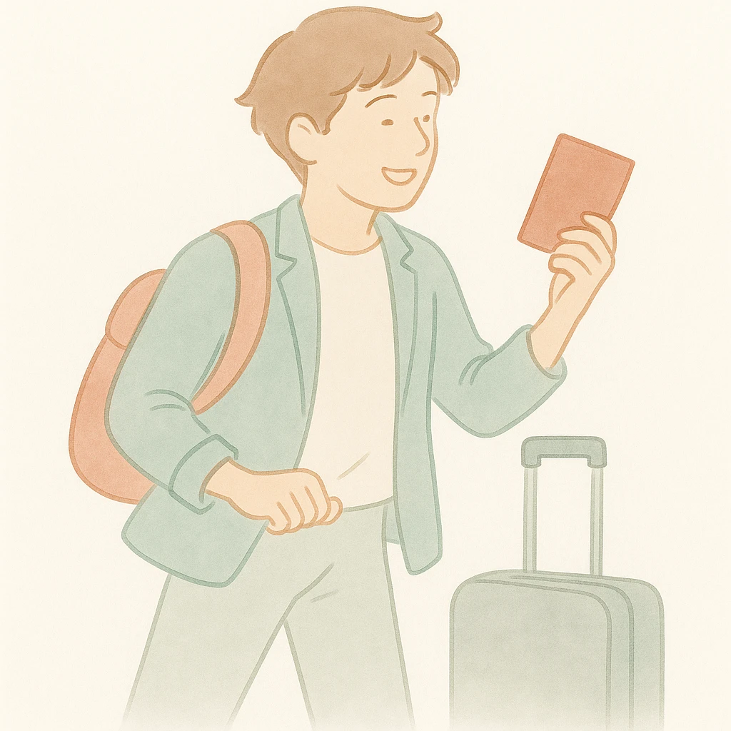 Change the character to a man, keeping the same pose and style. Maintain the soft watercolor illustration style with pastel colors, delicate linework, a gentle, whimsical mood, anime-inspired features, and minimal, soft shading. emoji