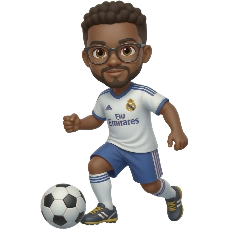 black boy with glasses black and gold playing soccer with a madrid jersey and a little mustache and a goatee emoji
