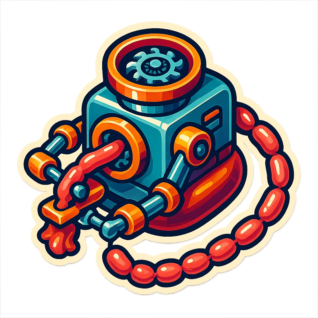 sausage-processing droid. retro-futuristic style. top is a circular industrial hole rotating gears and blades. Two robotic arms feed material into grinder. Sausage links extrude from the rear like  factory. The body is metallic, compact, and floats above the ground.no legs. Dark humor emoji