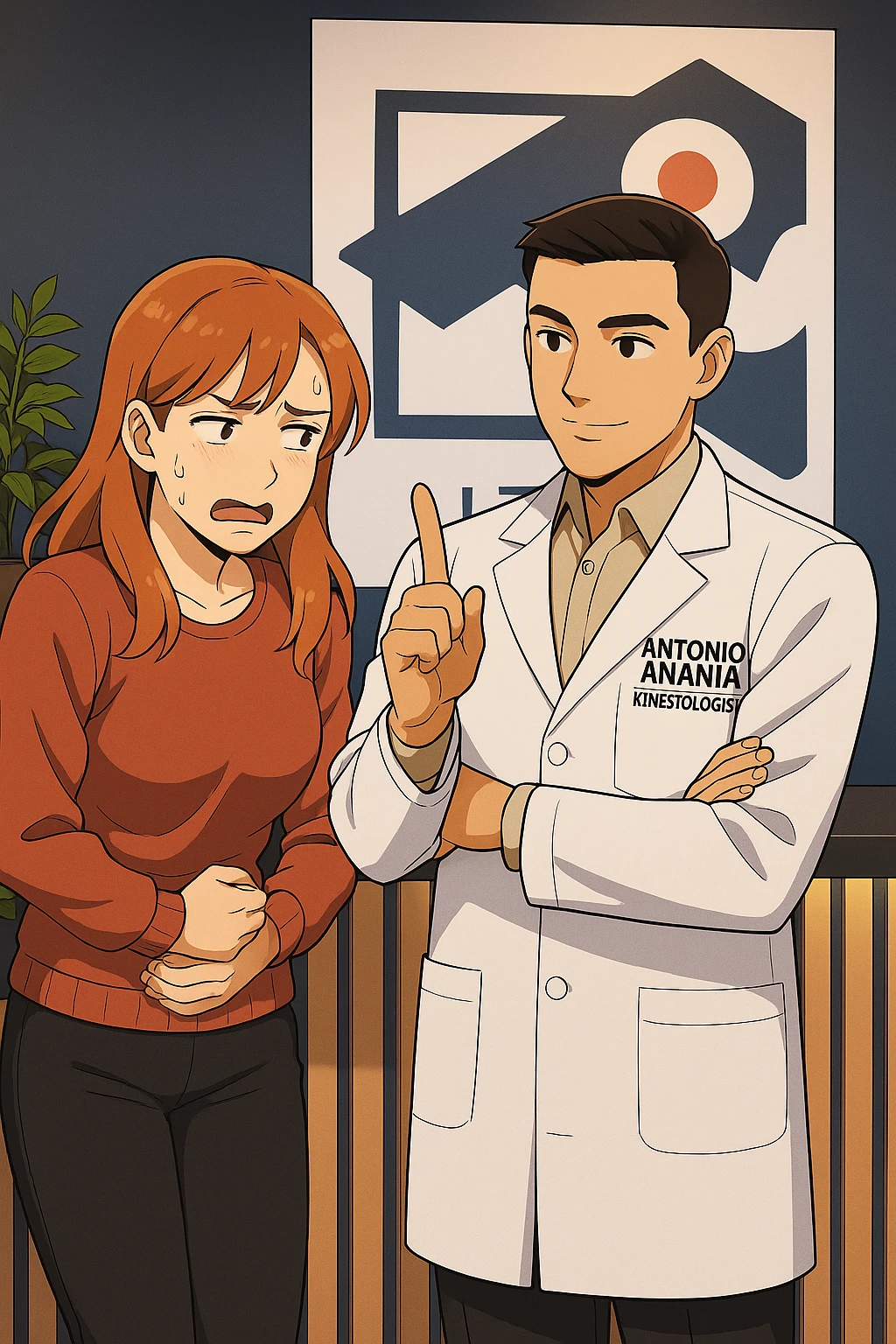 su questo stile fai un manga/webtoon a colori in cui una donna PREOCCUPATA FA UNA DOMANDA ALL'UOMO, l'uomo della foto in stile manga LE DICE DI "NO" CON IL DITO, mantieni un ambiente simile alla foto che ho allegato con il suo logo (sarebbe il suo studio, lui è un kinesiologo), scrivigli "ANTONIO ANANIA" sul camice bianco, non mettere fumetti, ma fai in modo che sembri che la donna CHIEDA ALLARMATA E L'UOMO LA TRANQUILLIZZI emoji
