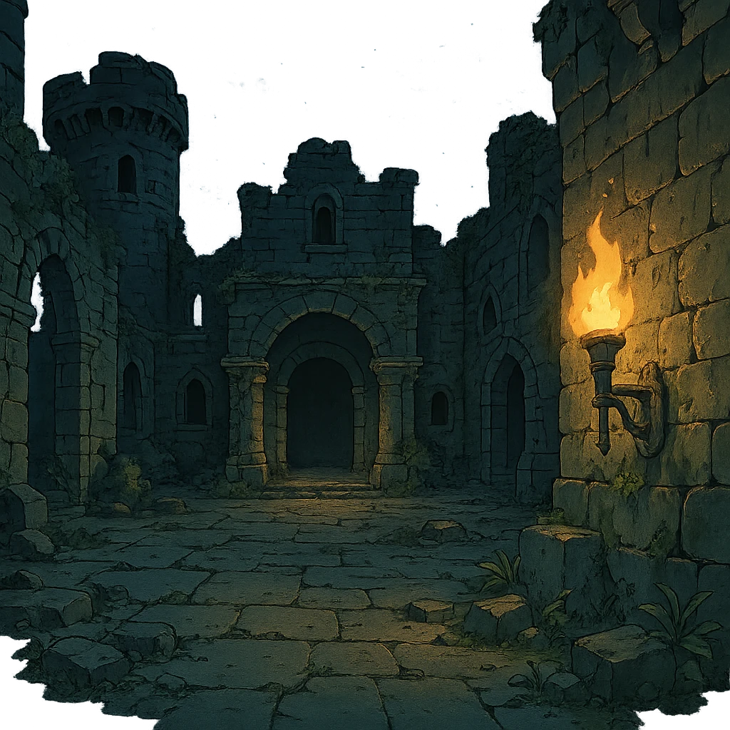 Midnight castle ruins torchlit courtyard emoji