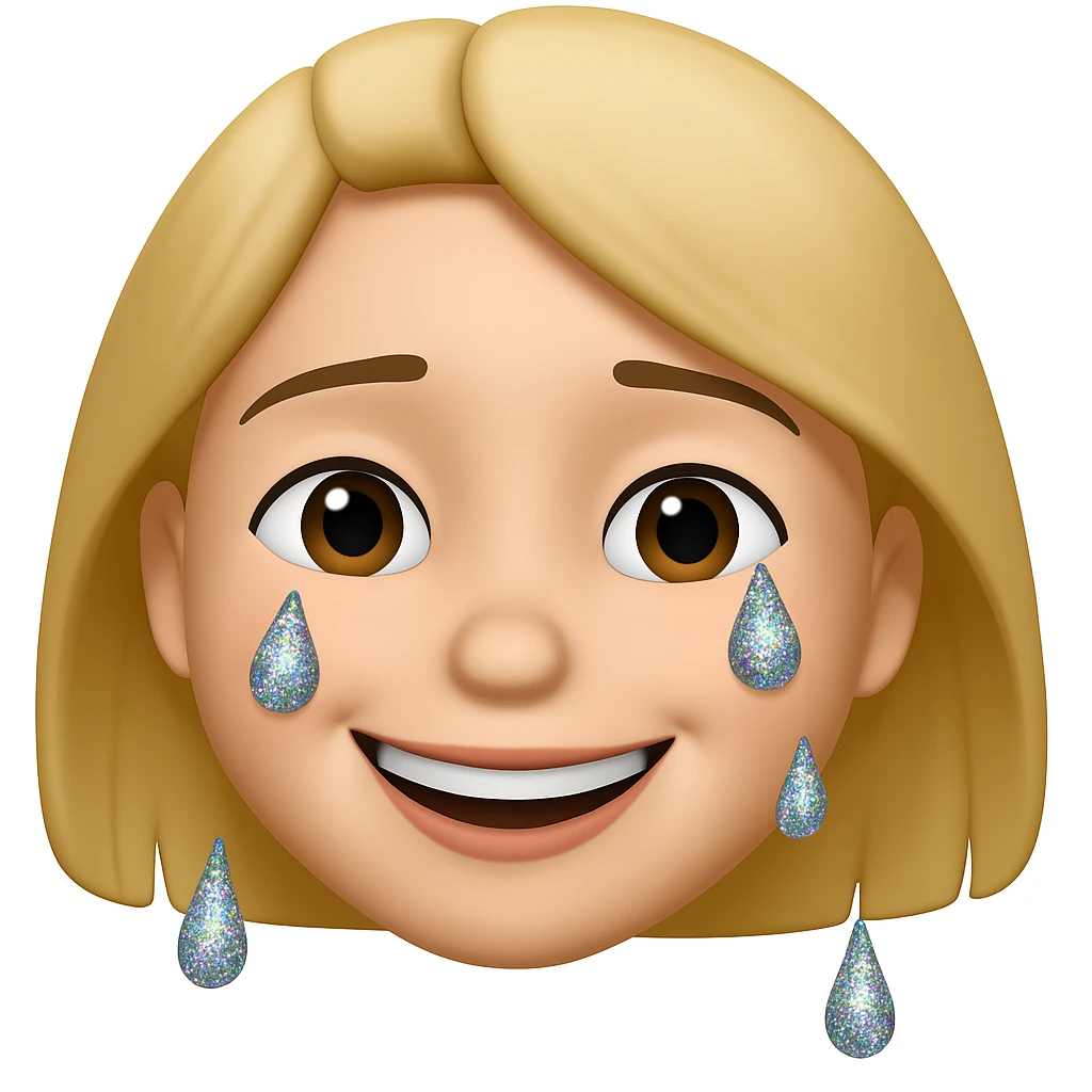 Make the crying face emoji's tears glittery and make the lips smile, originally in apple style emojis emoji