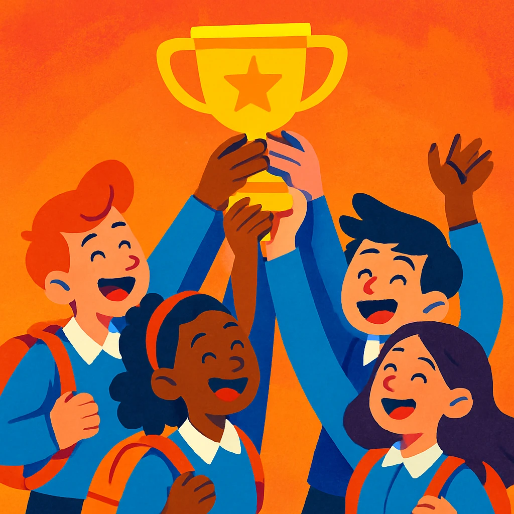 four students in a warm atmosphere lifting a trophy, expressive illustration style, vivid colors emoji