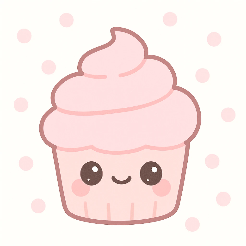 charming pink cupcake with a happy face, kawaii style, pastel pink frosting, cute details emoji