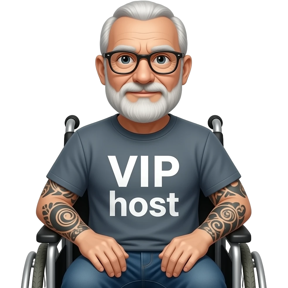 Old, elderly man with shirt that says VIP host and tattoos on his arm in a wheelchair emoji