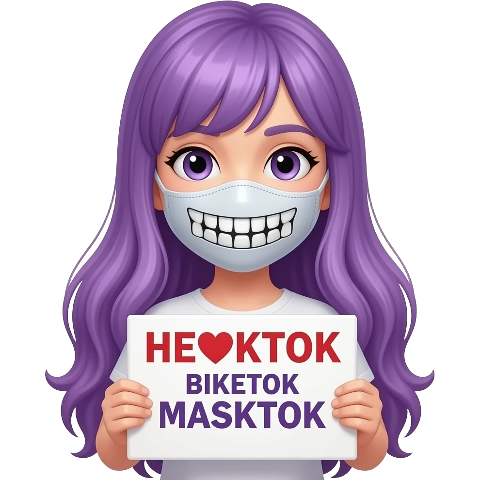 girl with long purple hair holding a HEART BOOKTOK BIKETOK MASKTOK sign emoji