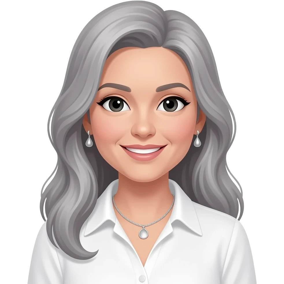 rich lady with black eyes and grey long hair, wearing a white blouse and silver earrings and necklace emoji