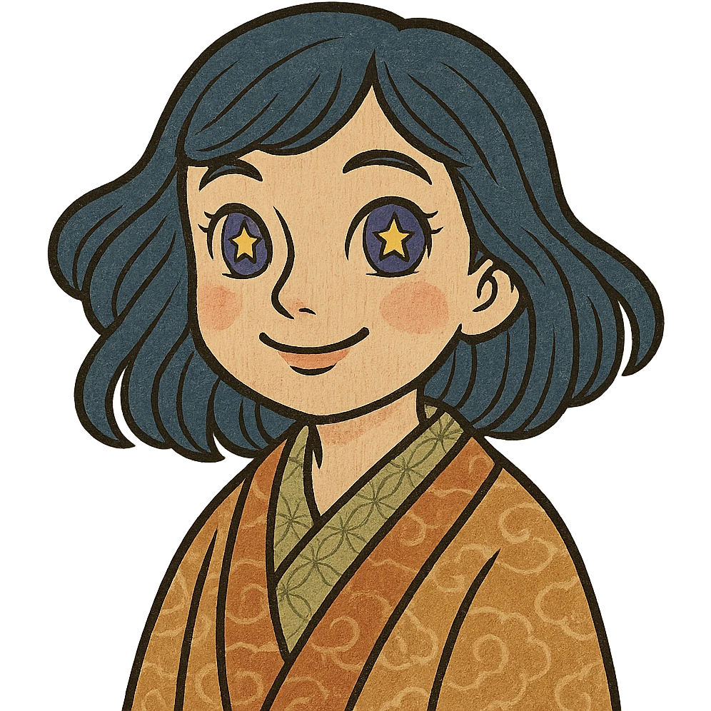 girl with dark blue hair, stars in her eyes, violet-blue eyes, beautiful smile emoji