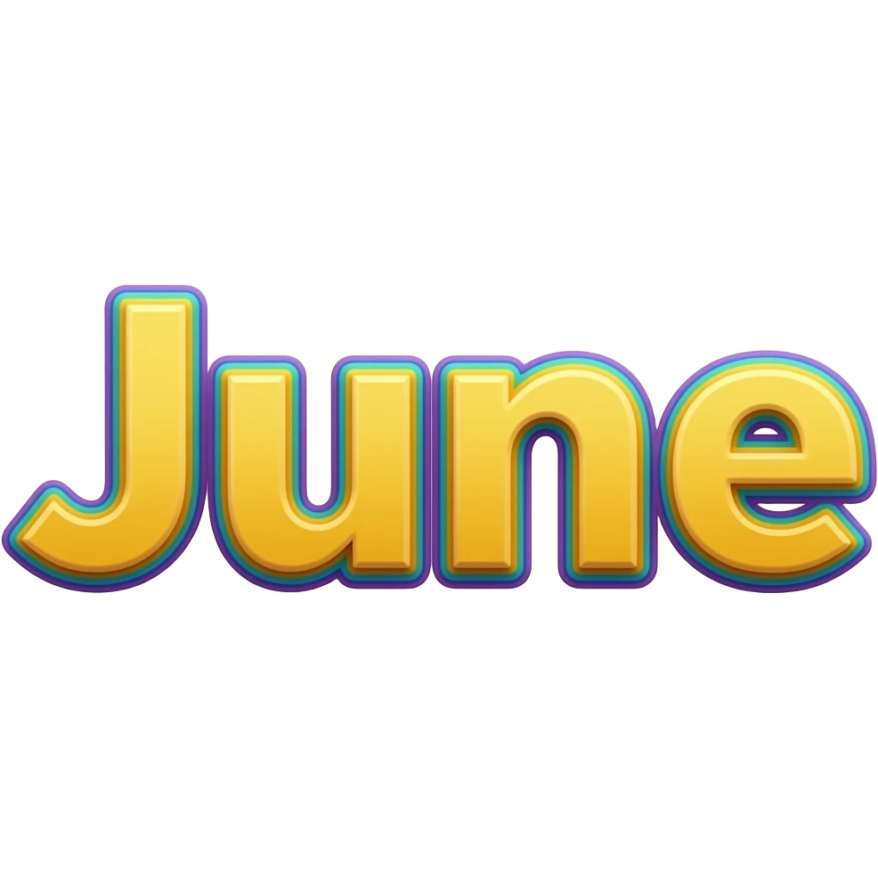 name "june" in yellow, 3D style typography lettering, each color of the rainbow as a border outlined around each letter, isolated, 3d rendering, no emoji icons no emoji faces and must have no human figures emoji
