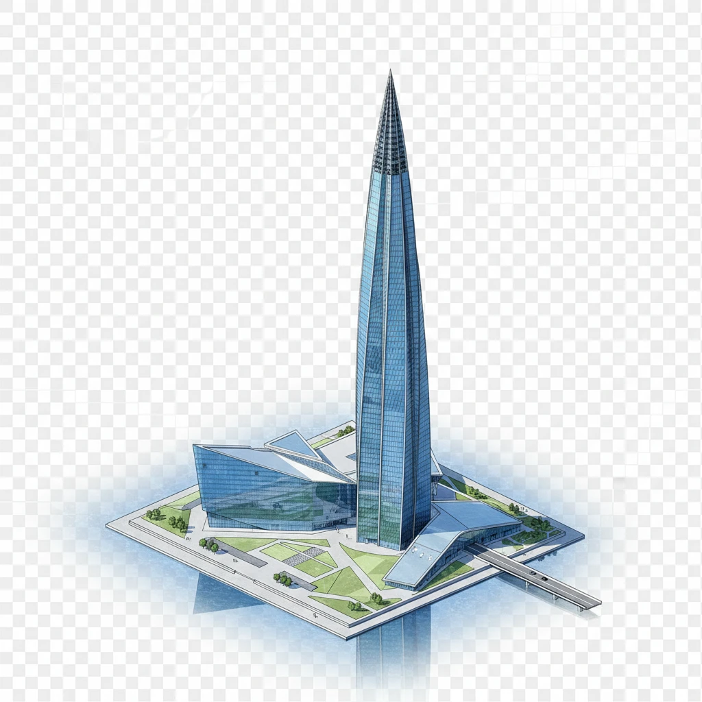 Изометричная, яркая, детализированная, объемная и фотореалистичная иллюстрация башни Лайта-Центр. Чёткие контуры, не размазанные линии, высокое качество, прозрачный фон, не обрезать края картинки emoji