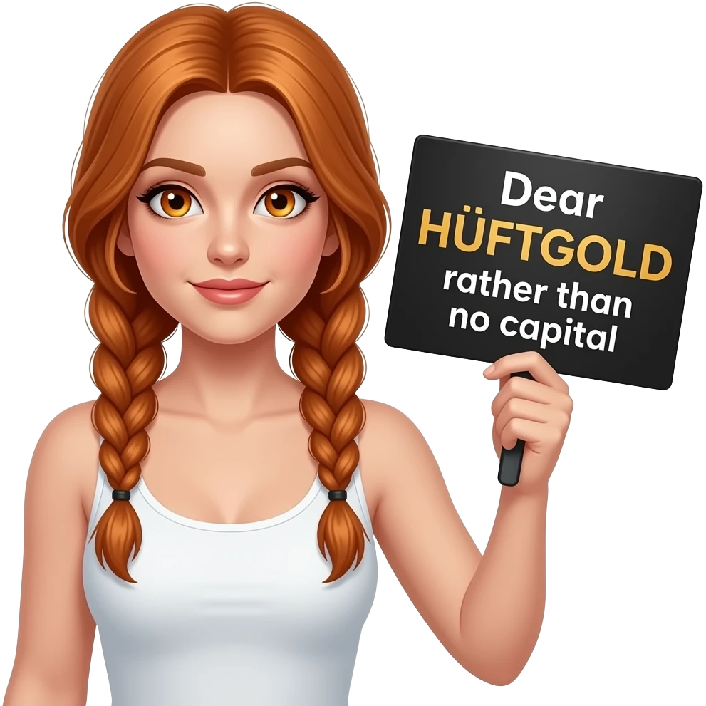 sexy girl with long ginger braids and ginger eyes wearing a white tanktop is holding a black sign with Lieber HÜFTGOLD als gar kein KAPITAL written on it emoji