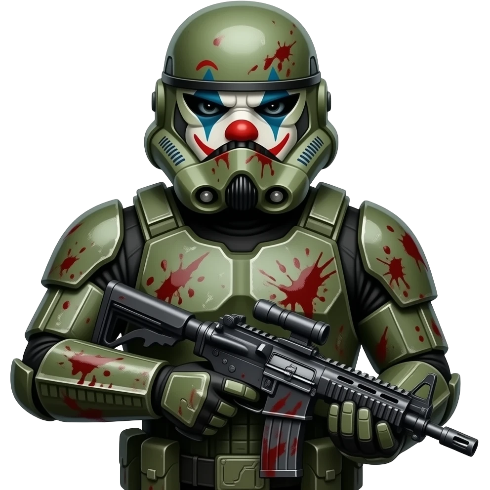 Angry Clown Space Soldier in Space Armor wearing Helmet with Laser Rifle covered in Alien blood emoji