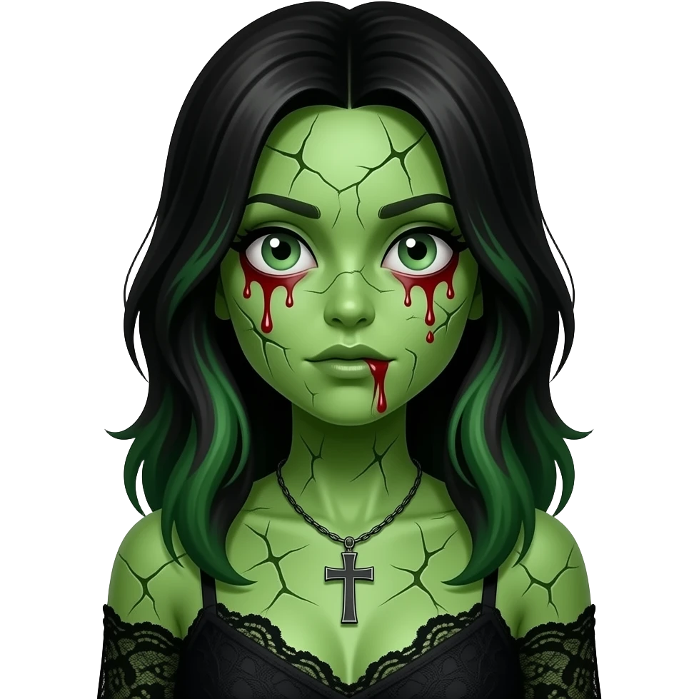 Faz uma mulher de cabelos longos e longos pretos com mecha verdes, com a pele verde estilo zumbi rachando e um colar de uma cruz, e uma blusa de alcinha preta olhos grandes, derretendo sangue emoji