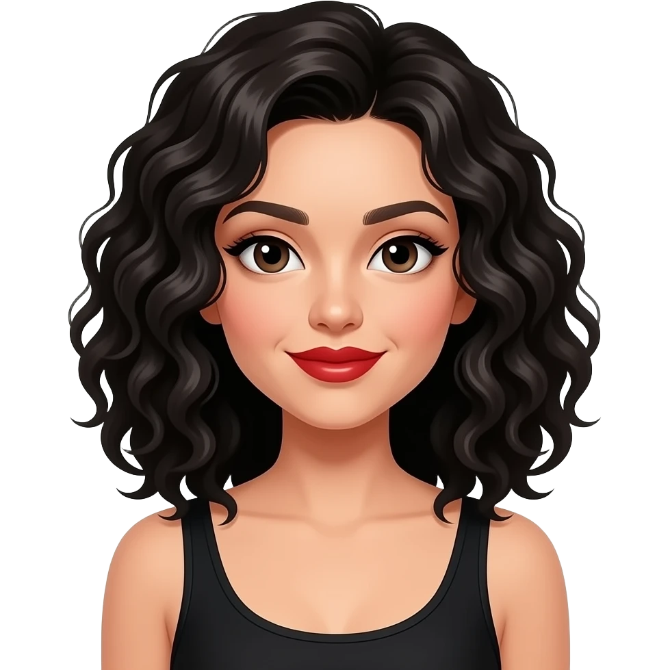 White chic with black medium length curly lob wearing a black singlet and bright red lipstick on her incredibly wafer-thin like lips emoji