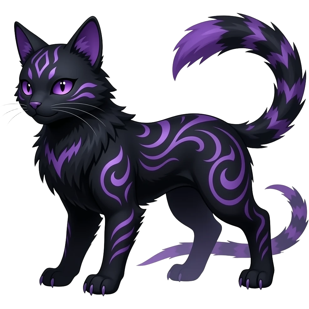 Realistic dark black purplish blackish edgy fantasy ethereal feline-vernid-sergal-monster-furret-Lycanroc-umbreon-fursona-animal-creature, full body with intricate markings emoji