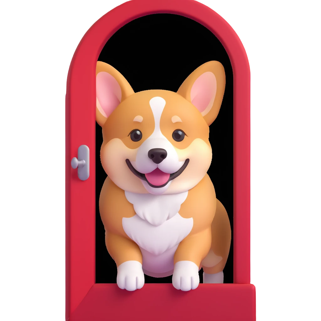 red dog house with a Corgi dog visible through the doorway, 3D emoji style emoji