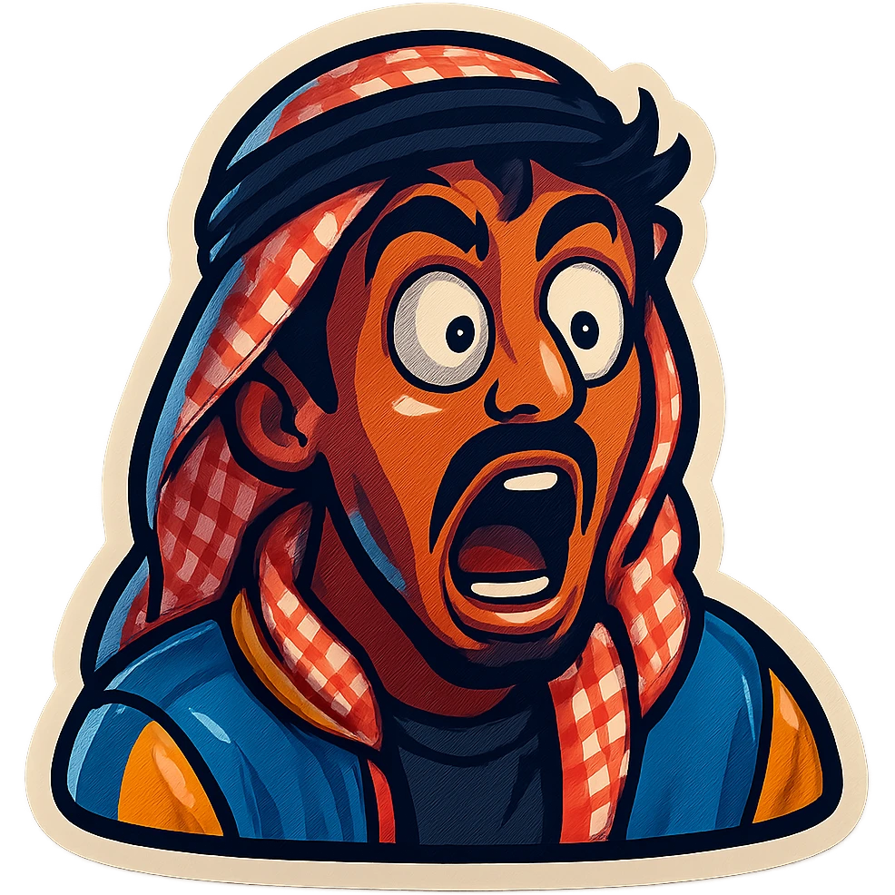Ara, a young Arab man with medium brown skin, black hair, in casual Middle Eastern streetwear with keffiyeh scarf or hoodie, eyes bulging in shock, wild exaggerated facial expression, cartoonish, vibrant, bold, very expressive, emoji-style sticker emoji