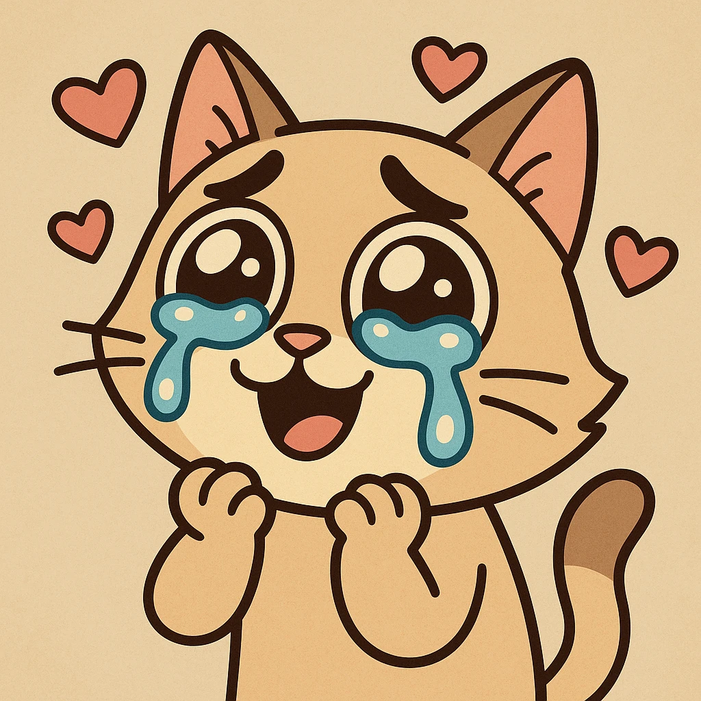 süße Katze mit Herzen und Freudentränen, Cartoon-Stil emoji