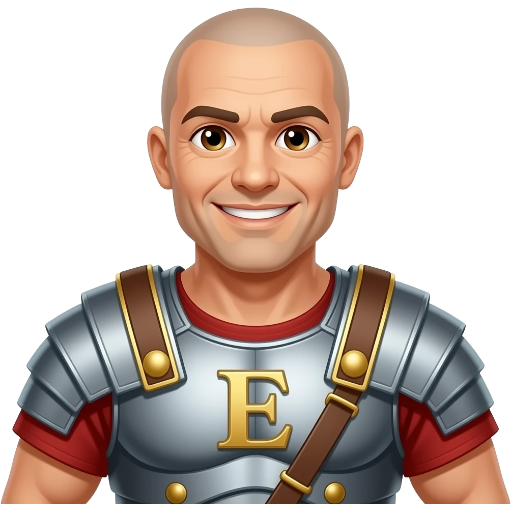 Muscular Roman soldier bald brown eyes smiling letter E on breast plate saying I love you emoji