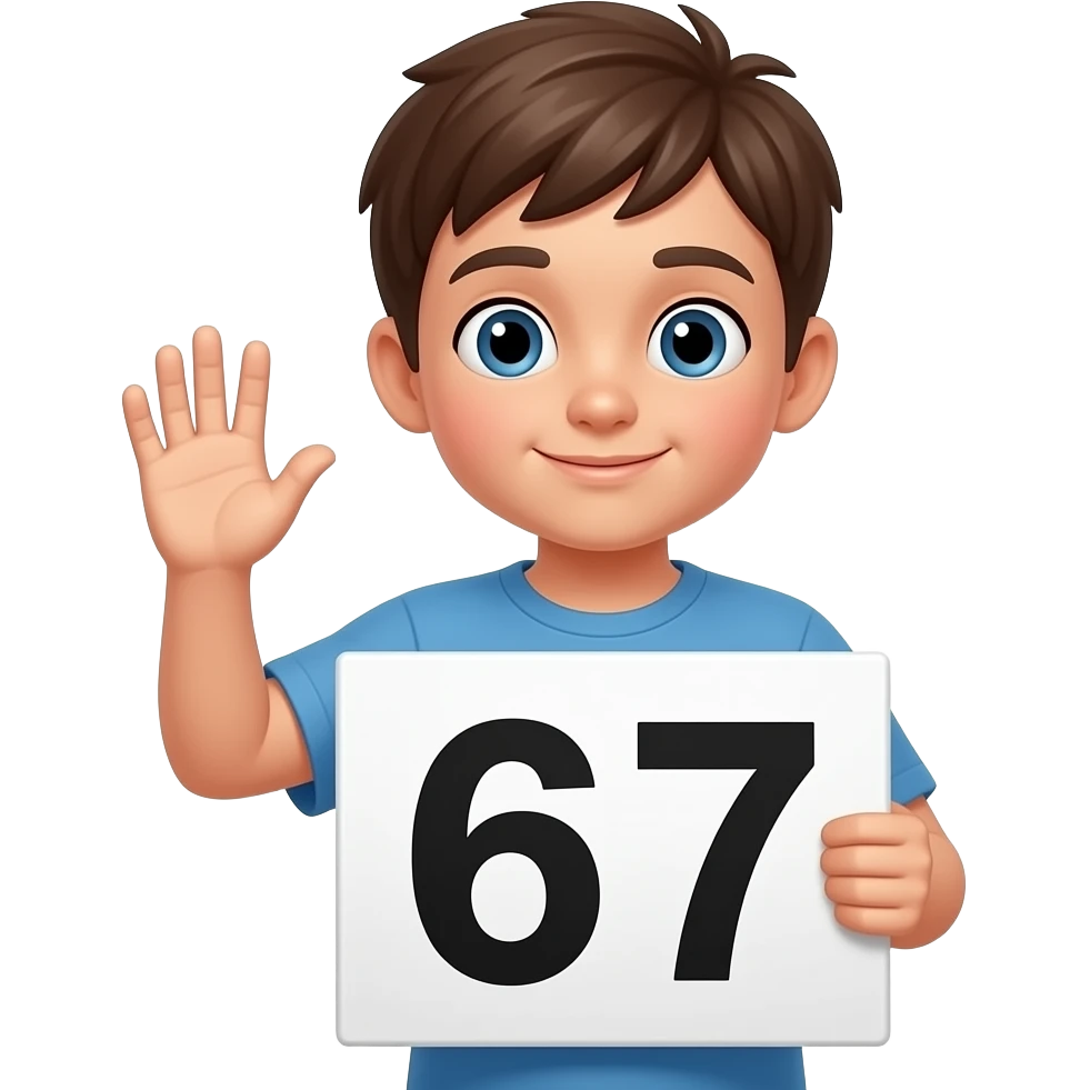 Um menino com uma mão para cima e a outra para baixo com os números 67 emoji