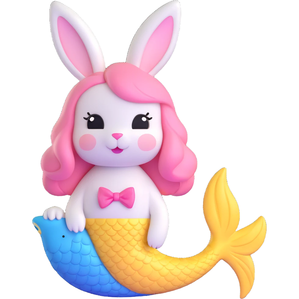 cute white bunny with pink ears and nose, mermaid tail blue and yellow with fish scales, soft rounded glossy style, 3D iOS-style illustration emoji
