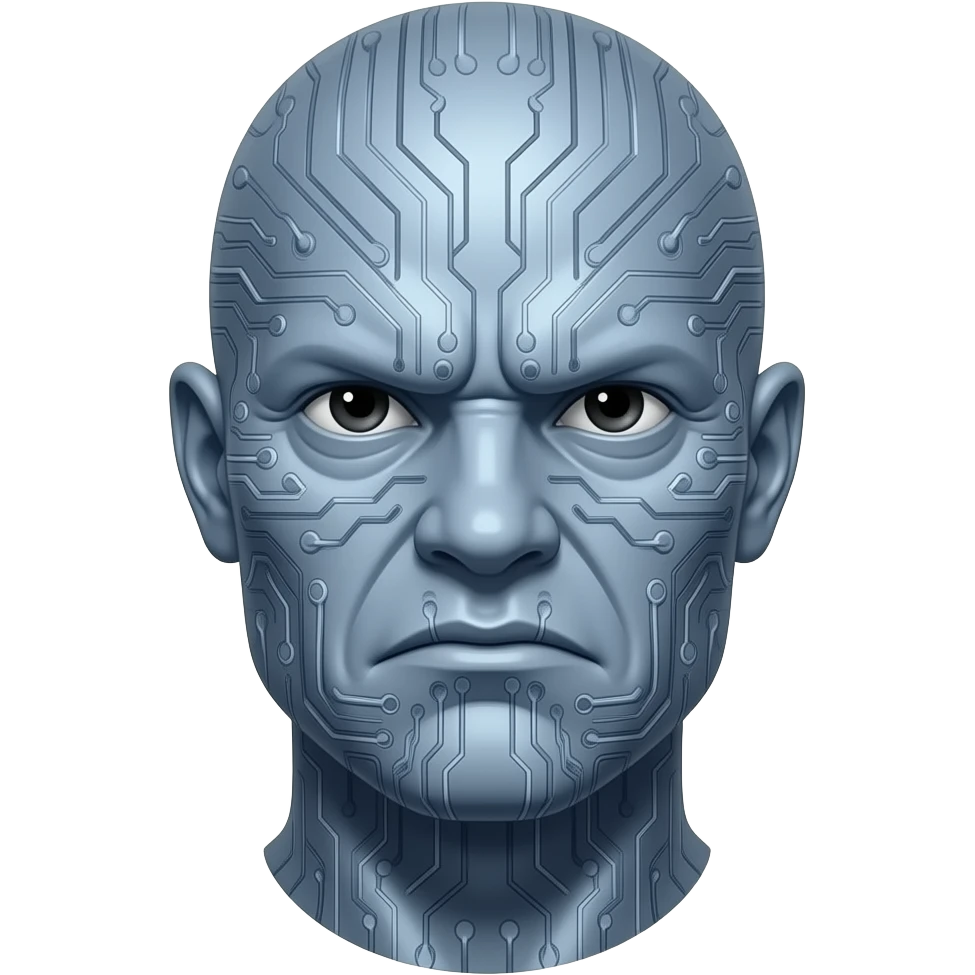 The image features a stylized prehistoric and frowning portrait of Blaze Bayley with silver-blue skin covered in computer circuitry. emoji