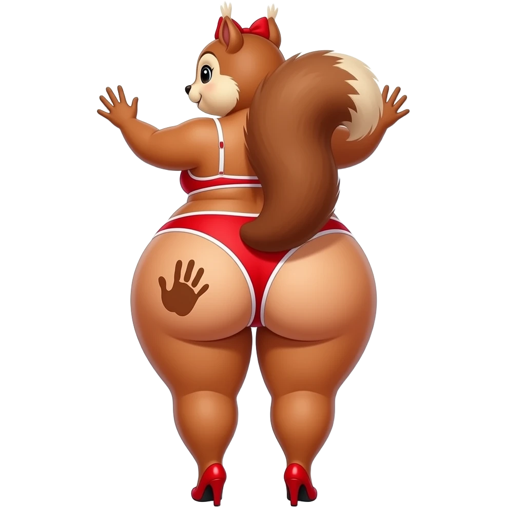 A tall really extremely fat heart shaped red and white bikini big booty bbl squirrel showing back its massively big thighs and buttocks while putting her hands behind the wall and it has a brown colored hand print on her left buttocks and it with a red bow tie on her head wearing red high heels emoji