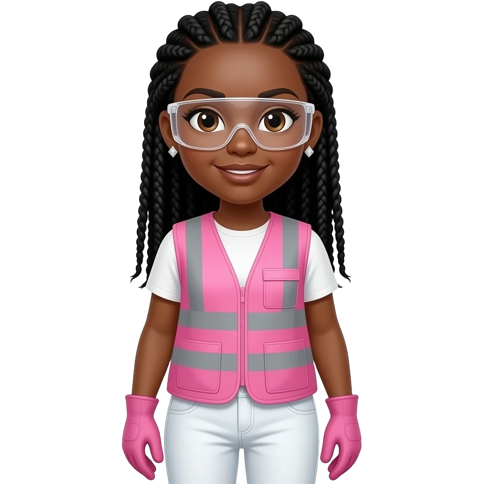 African American woman with brown eyes with long black box braids wearing diamond earrings wearing pink and clear safety glasses wearing a pink construction vest wearing white pans wearing pink construction vest wearing white pants wearing pink construction gloves emoji