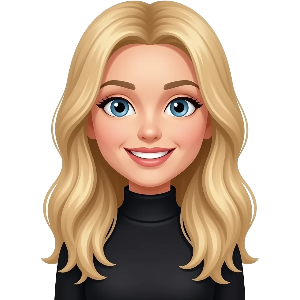 LF - slim, blonde very long hair, make up, black turtle neck top, slim, big smile emoji