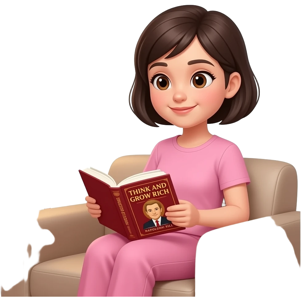 chica de cabello oscuro y corto, con ojos color cafe, con ropa comoda color rosa, sentada en un sofa, al lado de una lampara, leyendo un libro de Napoleón Hill piense y hagase rico emoji